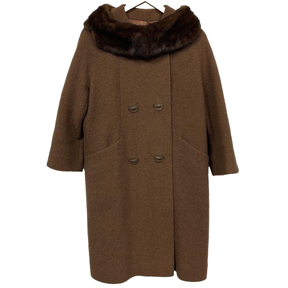 Chanté Women Small Wool Overcoat Brown Mink Fur Collar Vintage 1950s 1960s USA